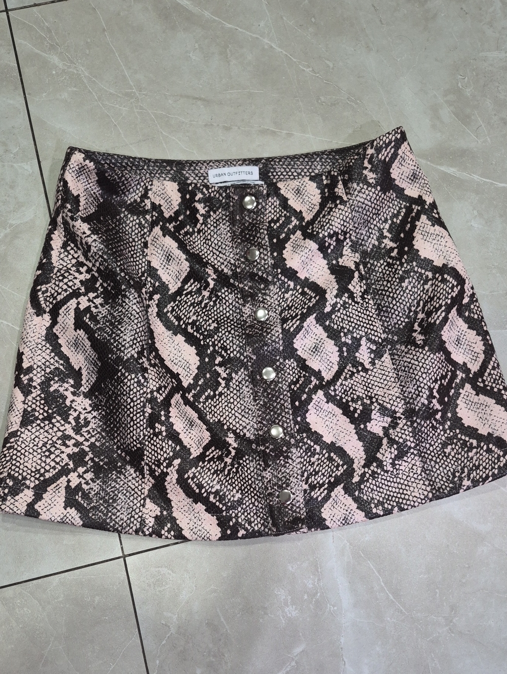 Urban Outfitters Pink and Black Snake-Print Button Mini Skirt